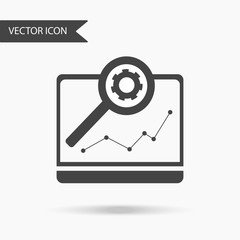 Vector illustration of an icon in the form of a laptop with a graphic, gear and magnifier. Flat icon for business. Electronic device on a white background