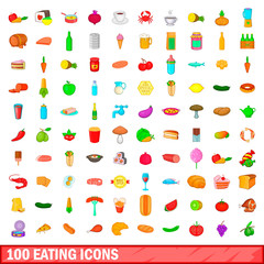 100 eating icons set, cartoon style