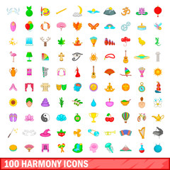 100 harmony icons set, cartoon style