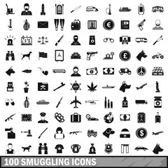 100 smuggling icons set, simple style 
