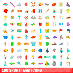 100 sport team icons set, cartoon style