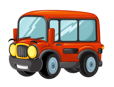 Cartoon funny looking cartoon fireman bus on white background - illustration for children