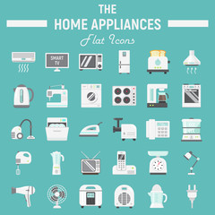 Home appliances flat icon set, technology symbols collection, vector sketches, logo illustrations, household colorful solid pictograms package isolated on white background, eps 10.