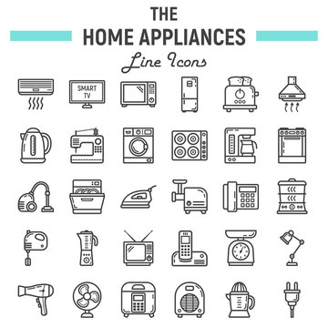 Home appliances line icon set, technology symbols collection, vector sketches, logo illustrations, household linear pictograms package isolated on white background, eps 10.