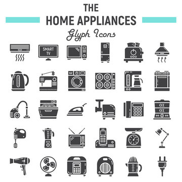 Home appliances solid icon set, technology symbols collection, vector sketches, logo illustrations, household linear pictograms package isolated on white background, eps 10.