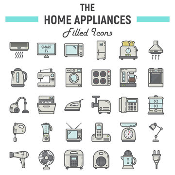 Home appliances colorful line icon set, technology symbols collection, vector sketches, logo illustrations, household filled pictograms package isolated on white background, eps 10.