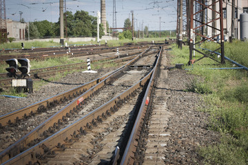 Railway Tracks at a Major Train Station at Sunset.