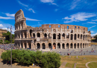 Fototapeta na wymiar ROME, ITALY - The archeological ruins with Colosseum in historic center of Rome, named Imperial Fora.