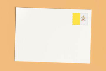 Letter Or Postcard From Vatican City: Blank White Card with Vatican Flag Postage Stamp, 3d Illustration On Wooden Color
