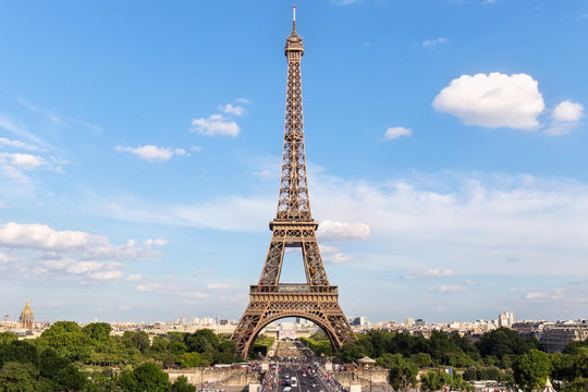 View of the famous Eiffel Tower from Place de Trocadero in Paris. France.