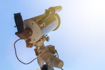 Observing the Sun with telescope. Solar eclipse telescope solar filter.