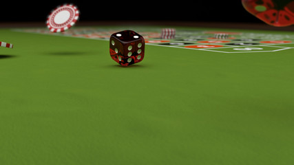 Casino theme, playing chips and red dices on a gaming table, 3d illustration.
