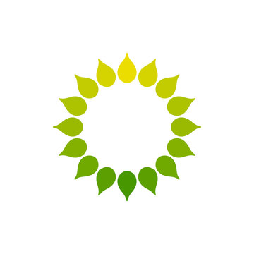 Stylized sun logo. Round icon of sun, flower. Isolated yellow green logo on white background. Frame.