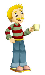 Cartoon man standing with a cup and drinking something - isolated illustration for children 