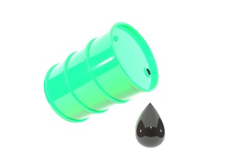 3d illustration: acid green metal barrel of gasoline tipped with a huge drop of oil drips down. Isolated on white background with empty space for text.
