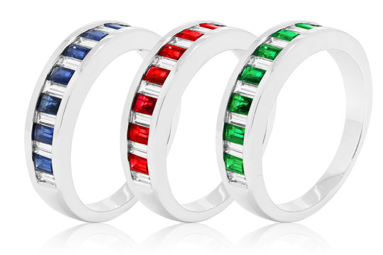 Emerald, sapphire and ruby rings  jewelry with precious gems