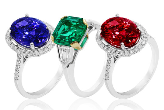 Emerald, sapphire and ruby rings  jewelry with precious gems