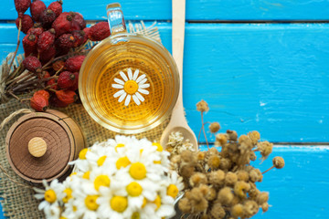 cup of herbal chamomile tea with fresh daisy flowers on blue wooden background. doctor treatment and prevention of immune concept, medicine - folk, alternative, complementary, traditional medicine 