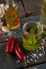 Jalapeno pepper by spices and herbs with oil 