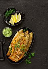 Fried river trout. View from above.