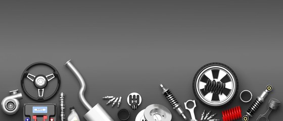 Various car parts and accessories on grey background. 3d illustration