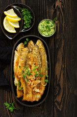 Fried river trout. View from above.