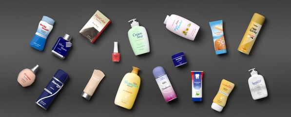Collection of personal care productss - grey background. 3d illustration