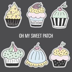 Set of colorful cartoon hand drawn cupcake. Isolated vector illustration in patch style.
