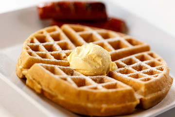 waffle w/butter and sausage