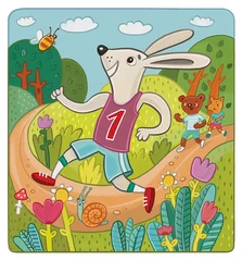 Foto op Plexiglas Детская иллюстрация: веселый заяц соревнуется в спортивных соревнованиях, в беге. Заяц-победитель бежит первым. © bestujeva_sofya