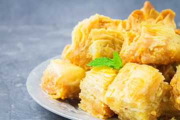 Jewish, turkish, arabic traditional national dessert. Macro. Selective focus. Baklava with honey and nuts