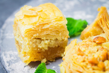 Jewish, turkish, arabic traditional national dessert. Macro. Selective focus. Baklava with honey and nuts