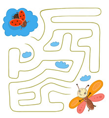 детская иллюстрация, лабиринт: божья коровка летит к бабочке