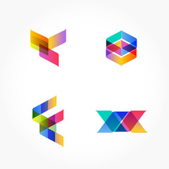 Set of minimal geometric multicolor shapes. Trendy hipster icons and logotypes. Business signs symbols, labels, badges, frames and borders