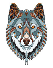 Fototapeta premium Gray wolf head zentangle stylized, vector, illustration, freehand pencil, hand drawn, pattern. Zen art. Ornate vector. Color.