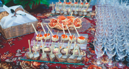 Decorated catering banquet table with different food appetizers assortment on a party
