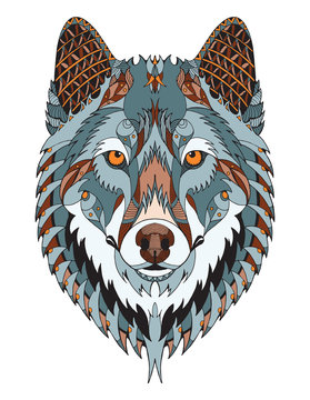 Gray wolf head zentangle stylized, vector, illustration, freehand pencil, hand drawn, pattern. Zen art. Ornate vector. Color.