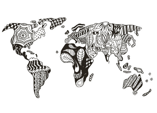 World map zentangle stylized, vector, illustration, freehand pencil