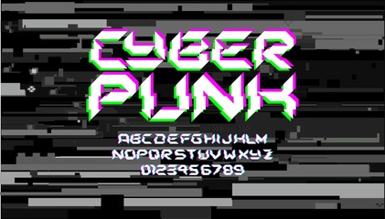 Glitch hi-tech space font lettering on digital glitch background cyberpunk style vector design composition with stereo vision effect