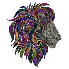 Silhouette of a beautiful vector lion from patterns with a color mane