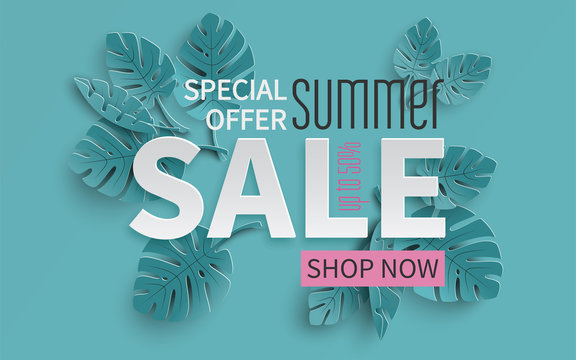 Summer sale banner with paper cut tropical leaves background, exotic floral design for banner, flyer, invitation, poster, web site or greeting card. Paper cut style, vectror illustration