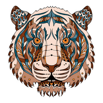 Tiger head zentangle stylized, vector, illustration, pattern, freehand pencil, hand drawn. Color.