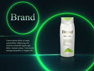 Design cosmetics. Shampoo on a dark background with bright neon light circles. Advertising, banner, poster, catalog, products.