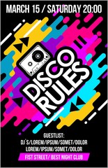 Disco Rules music poster, music banner or flyer with cassette trendy colorful neon design cool elements & lettering composition
