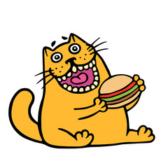 Cartoon orange cat is eating a hamburger. Isolated vector illustration.