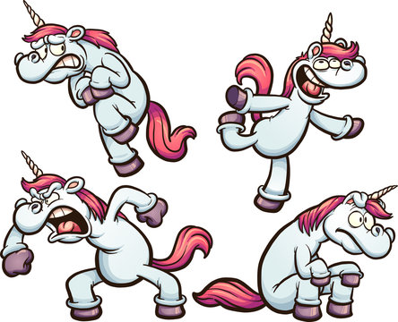 Cartoon unicorn with different expressions. Vector clip art illustration with simple gradients. Each on a separate layer.