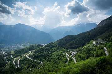Route of the 21 bends of the Alpe d'Huez in the French Alps for the Tour de France in Oisans