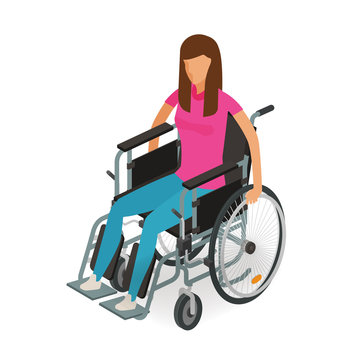 Girl, woman sitting in wheelchair. Invalid, disabled, cripple icon or symbol. Cartoon vector illustration isolated on white background