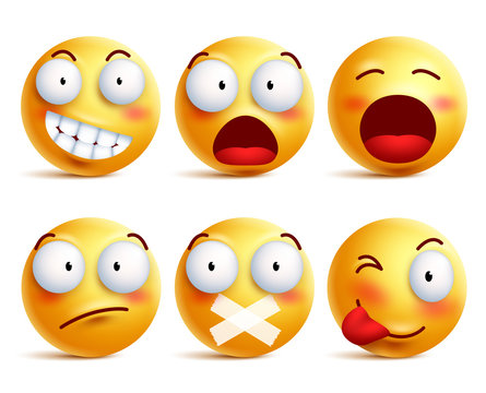 Smileys vector set. Smiley face icons or emoticons with facial expressions and emotions in yellow color isolated in white background. Vector illustration.
