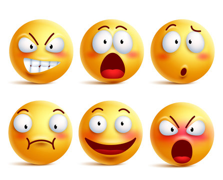 Smileys vector set. Smiley face or yellow emoticons with facial expressions and emotions like happy, shouting, confused and shocked isolated in white background. Vector illustration.
